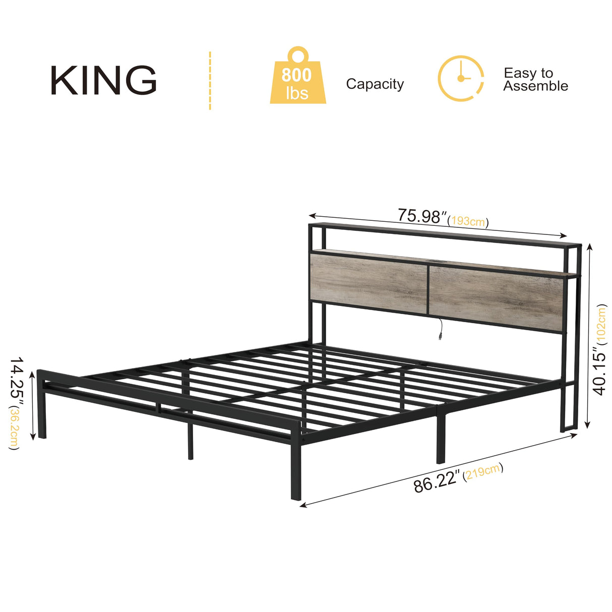 HAUSOURCE King Bed Frame with LED Storage Headboard & Metal Platform Support HAUSOURCE