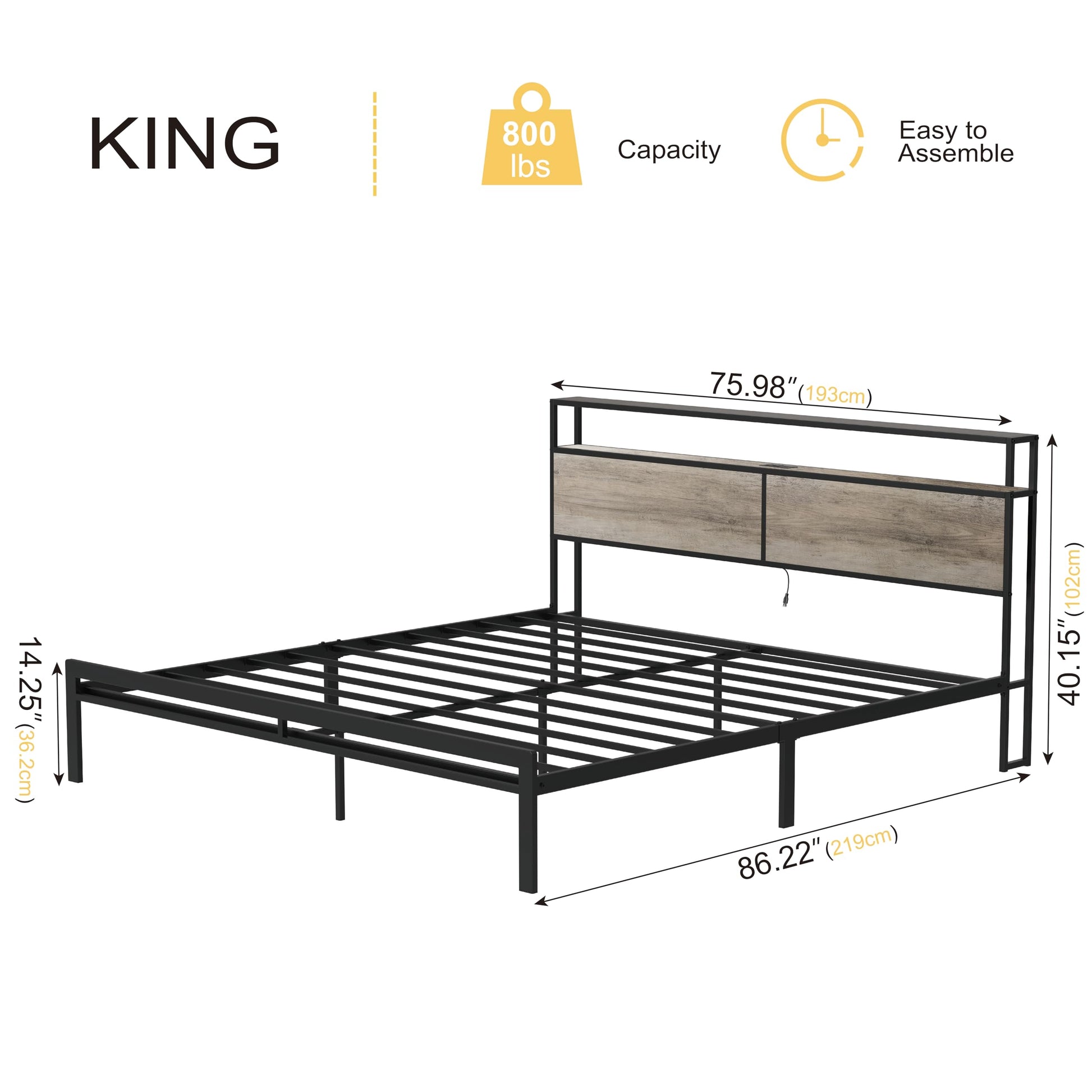 HAUSOURCE King Bed Frame with LED Storage Headboard & Metal Platform Support - WoodArtSupply