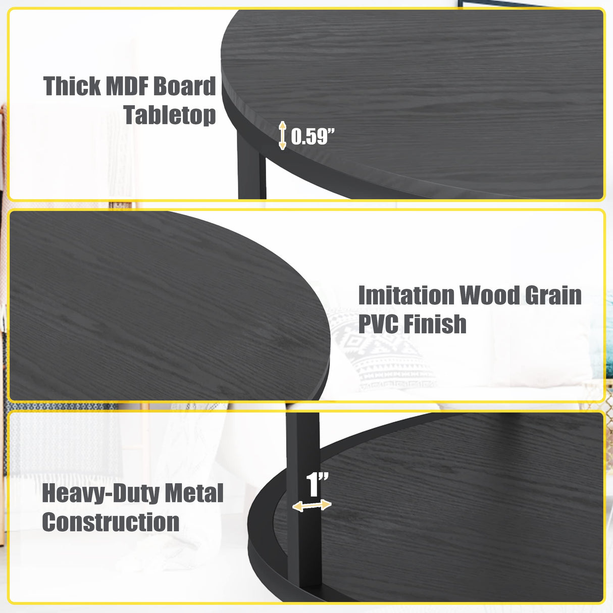 WiberWi Rustic Industrial 35.8" Round Coffee Table with Storage Shelf and Sturdy Metal Legs, Easy Assembly WiberWi