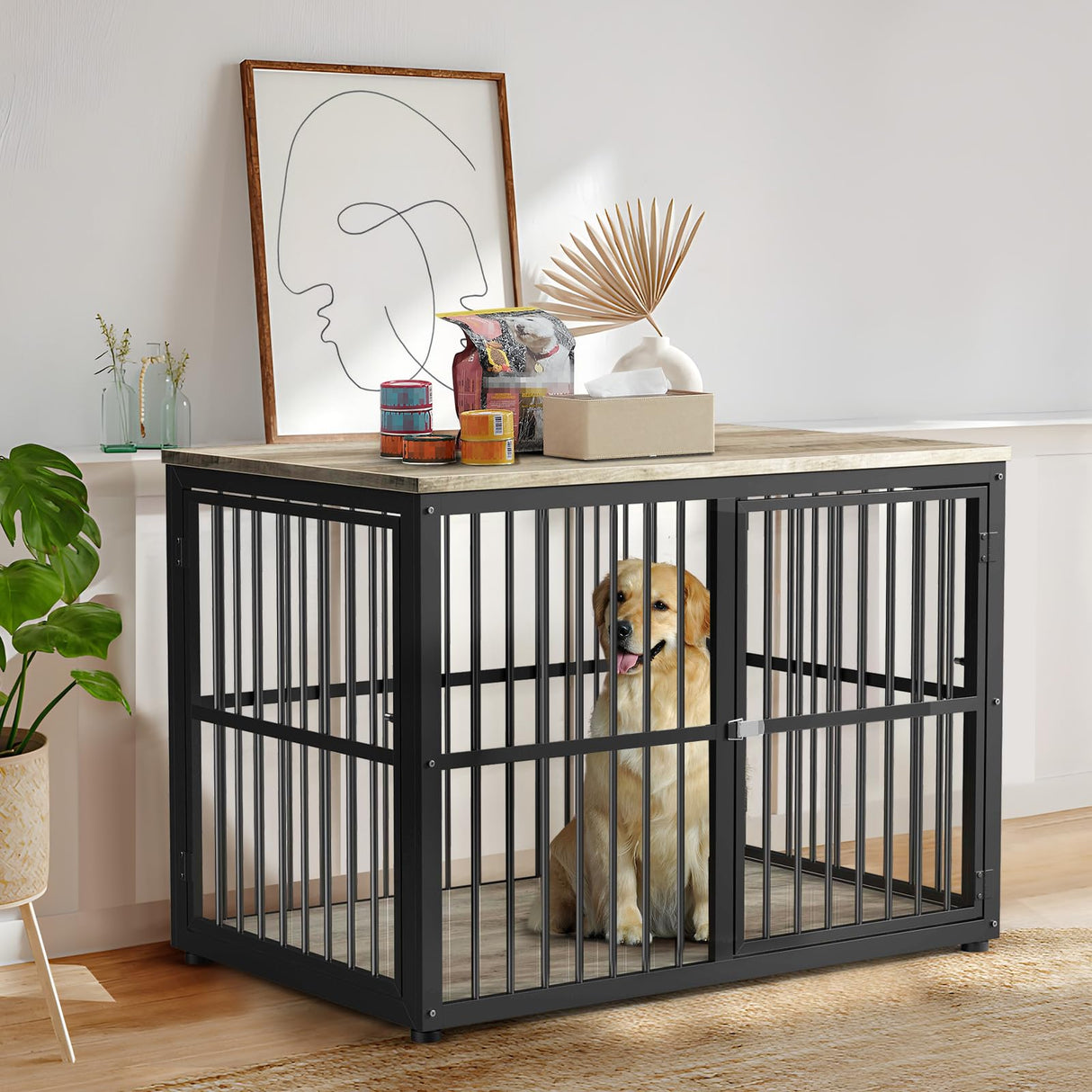 Lyromix 43'' Dog Crate Furniture with 3 Doors, XL Wooden Crate End Table, Heavy Duty Indoor Puppy Cage Kennel for Medium to Large Dogs, Multiple Units Can be Combined Lyromix