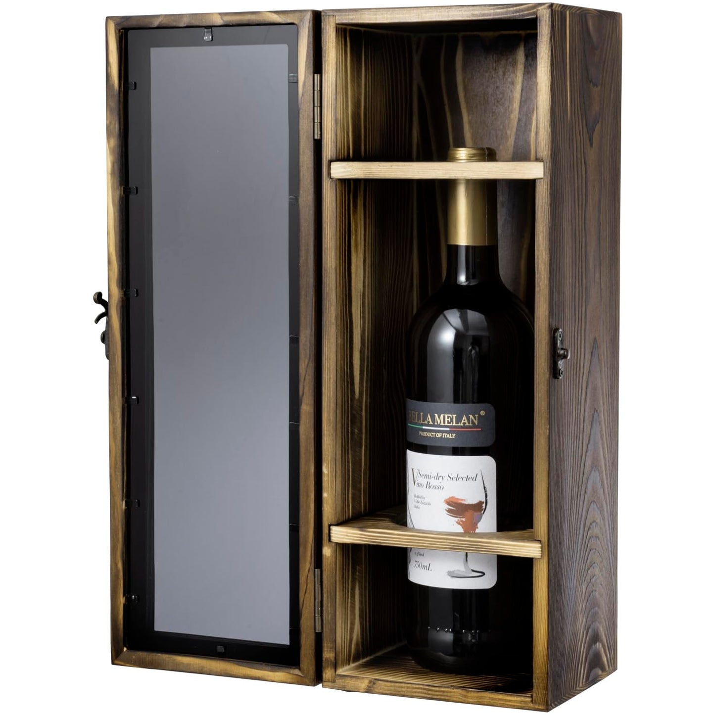 MyGift Rustic Burnt Solid Wood Single Wine Bottle Gift Box with Translucent Black Acrylic Window, Decorative Wine Collector Storage Case with Metal Latch Closure - WoodArtSupply