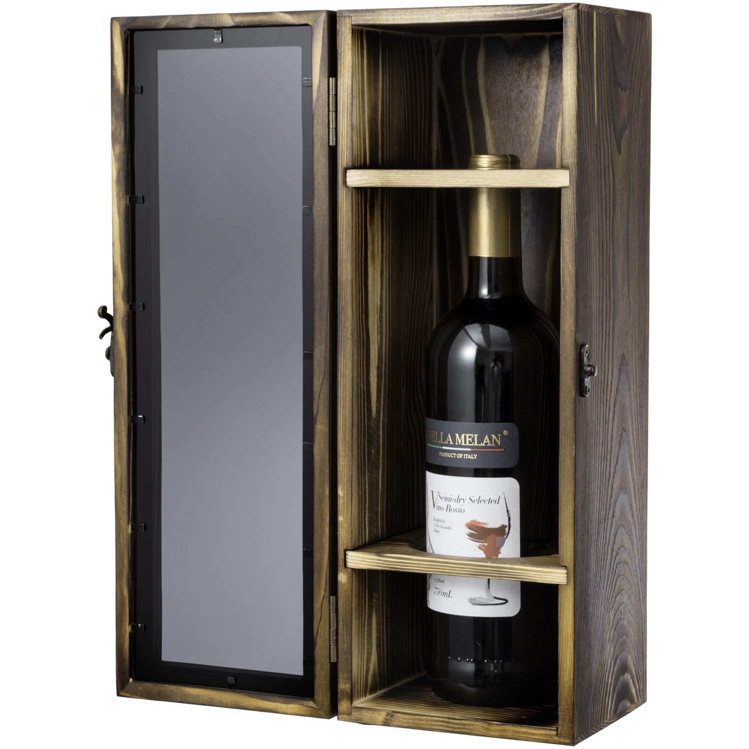 MyGift Rustic Burnt Solid Wood Single Wine Bottle Gift Box with Translucent Black Acrylic Window, Decorative Wine Collector Storage Case with Metal Latch Closure - WoodArtSupply