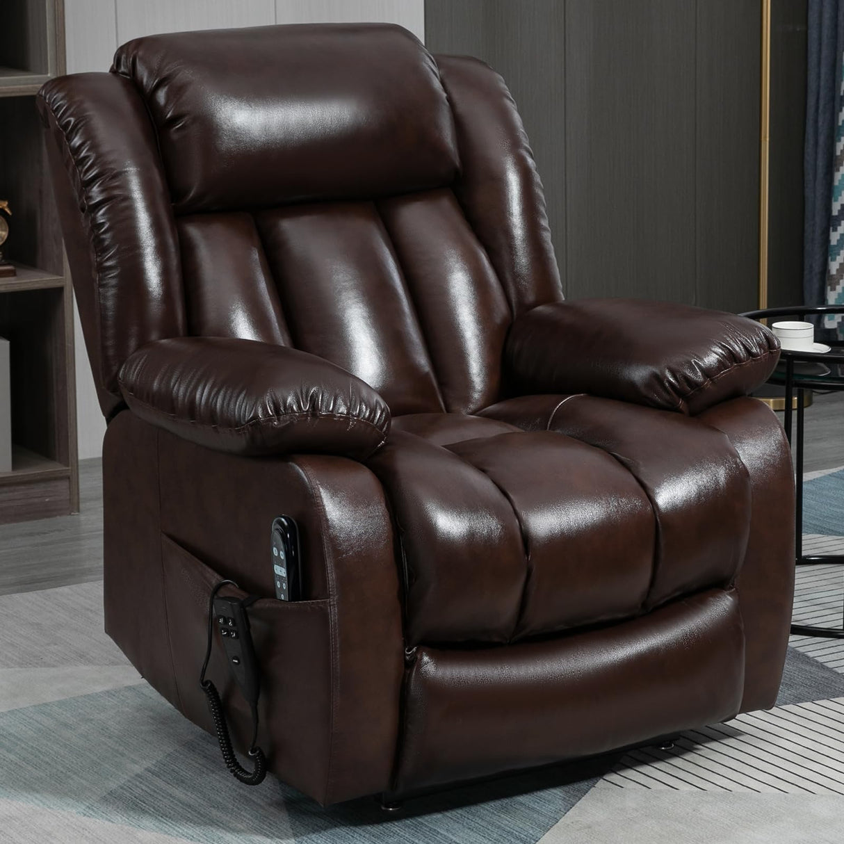 EZZUP Power Lift Chairs for Elderly, Dual Motor Oversized Recliner with 8-Point Vibration Massage and Lumbar Heating, Genuine Leather Electric Recliner Chairs, Antique Brown Recliner EZZUP