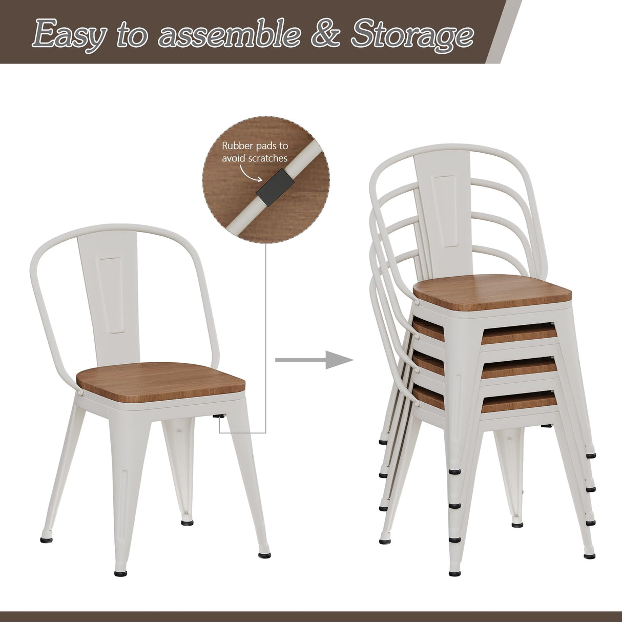 Alunaune 18inch Metal Dining Chair Set of 4 High Back Classic Chic Iron Farmhouse Chairs Industrial Stackable Coffee Stools Bistro Cafe Side Barstools Wood Seat-White Alunaune