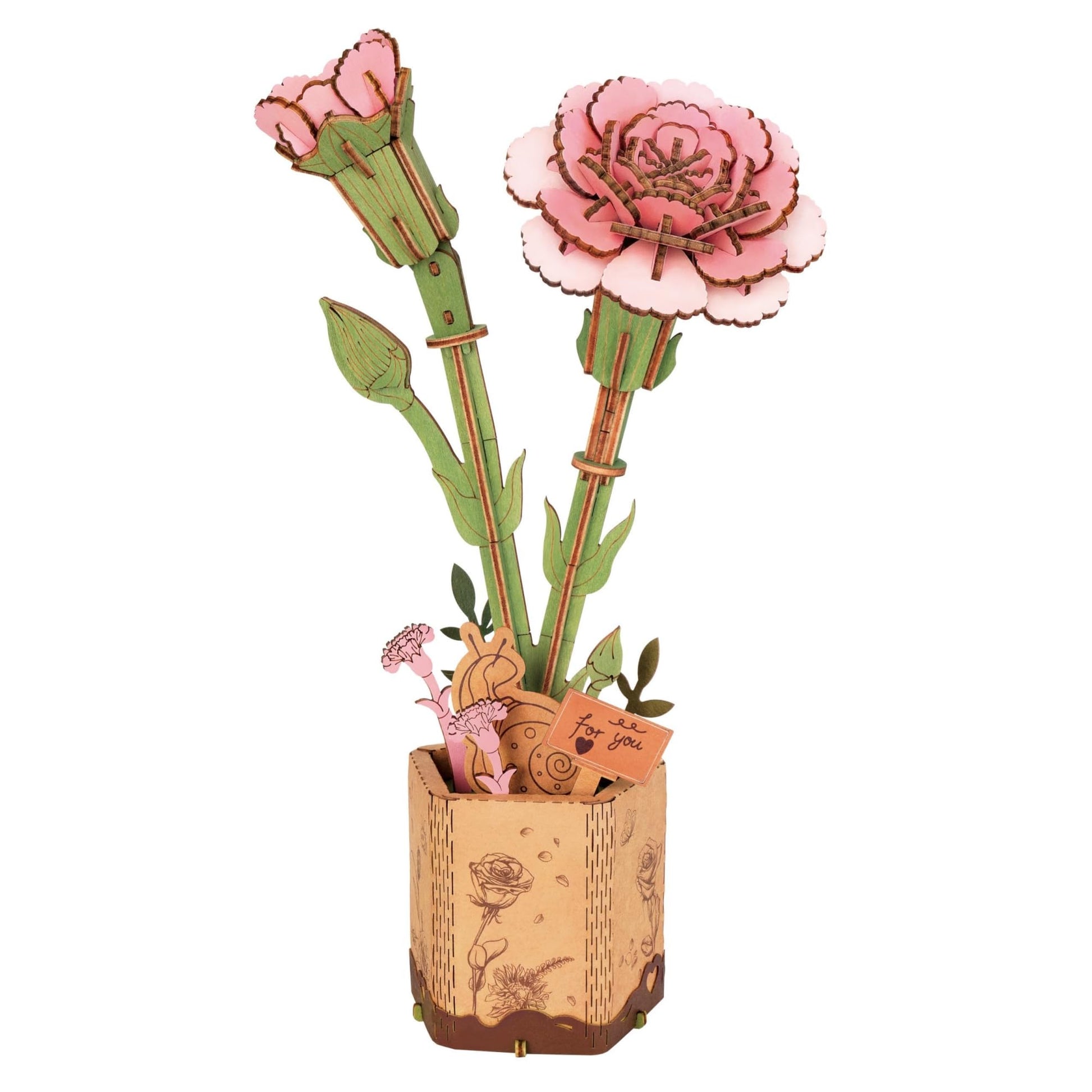 ROBOTIME 3D Puzzle Wooden Flower Pink Carnation DIY Model Kit to Build for Adults Artifical Bouquet Collection Craft Brain Teaser Puzzle Creative Gift Home Decor - WoodArtSupply