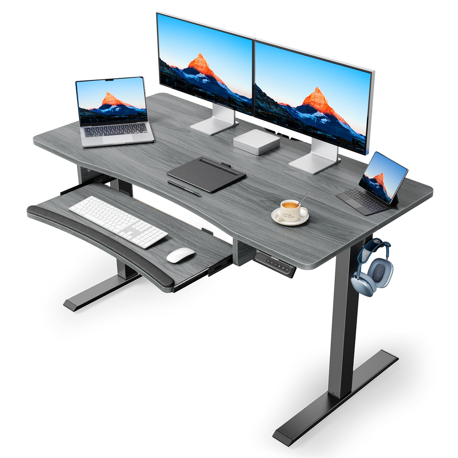 HUANUO Standing Desk Adjustable Height, 48" x 24" Electric Stand Up Desk for Home Office with Large Keyboard Tray(26.7"), 4 Memory Height Setting, Computer Workstation, Grey - WoodArtSupply