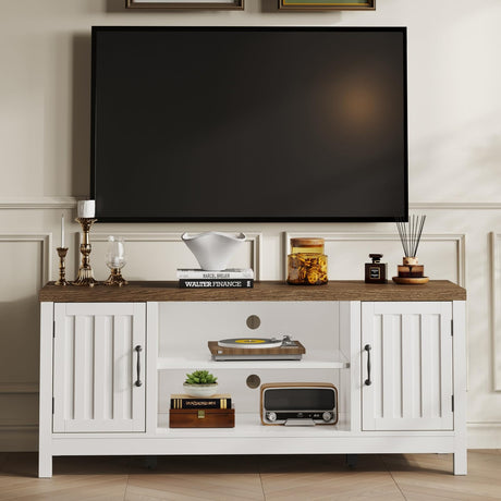 ChooChoo Farmhouse TV Stand, Wood Fluted Door Entertainment Center with Storage Cabinets and Open Shelves, Rustic Media Console up to 55 inches for Living Room, Bedroom, White ChooChoo