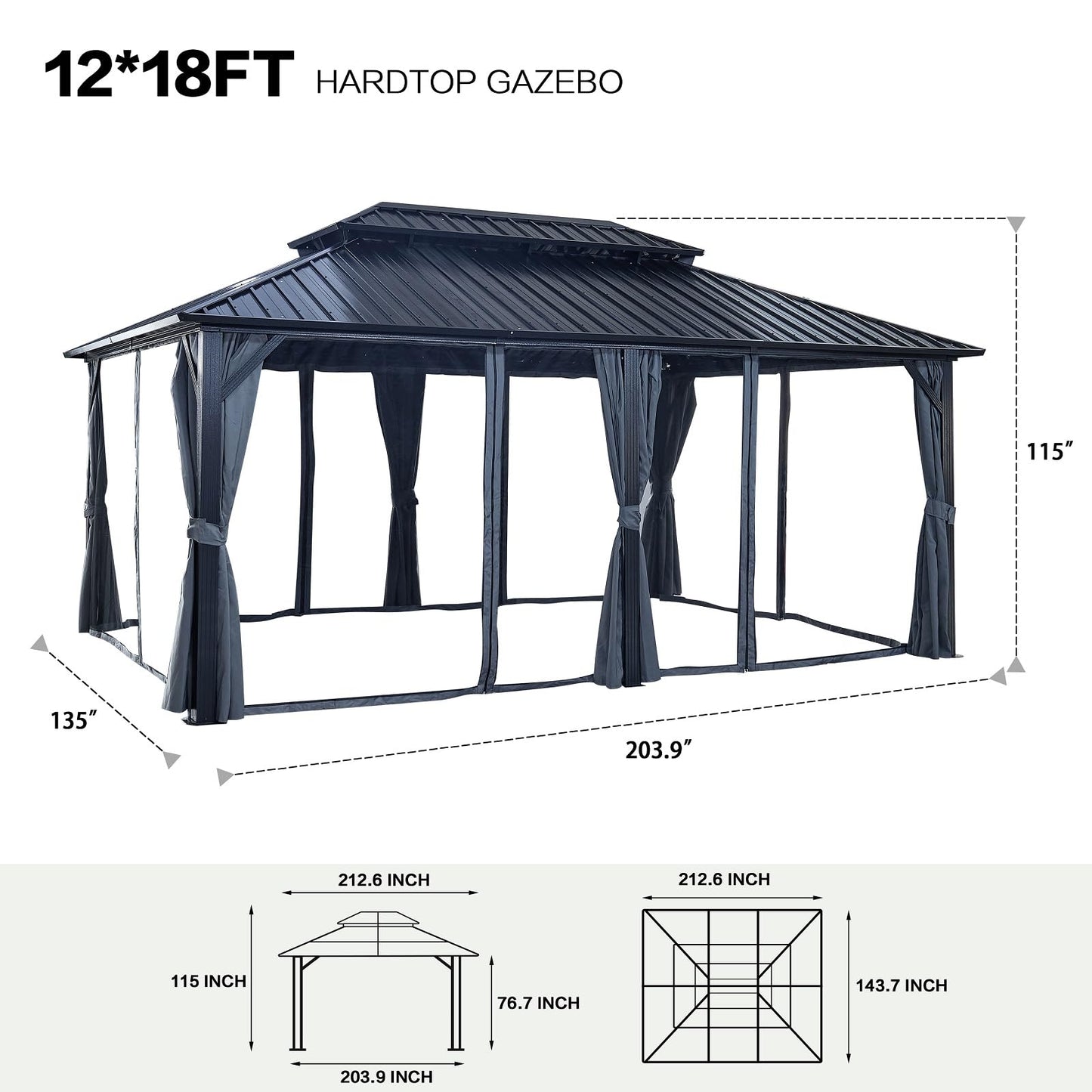 DJHK docor 12' X 18' Large Permanent Gazebo, Coated Aluminum Frame Canopy with Dual-Layer Galvanized Steel Hardtop Top, Outdoor Metal Pavilion, for Deck, Patio and Backyard,Black - WoodArtSupply