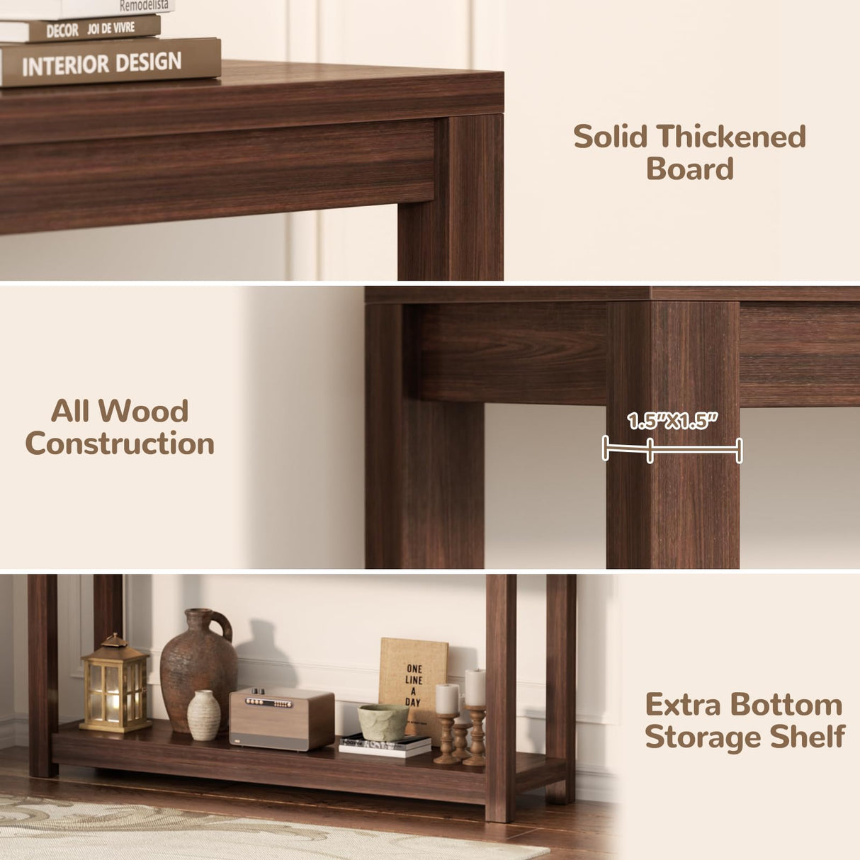 Besiost 47" Farmhouse Wood Entryway Table Narrow Console Table with Storage Behind Couch Sofa Table with Shelves Entry Way Tables with Open Storage, Easy Assembly, Black Walnut Besiost