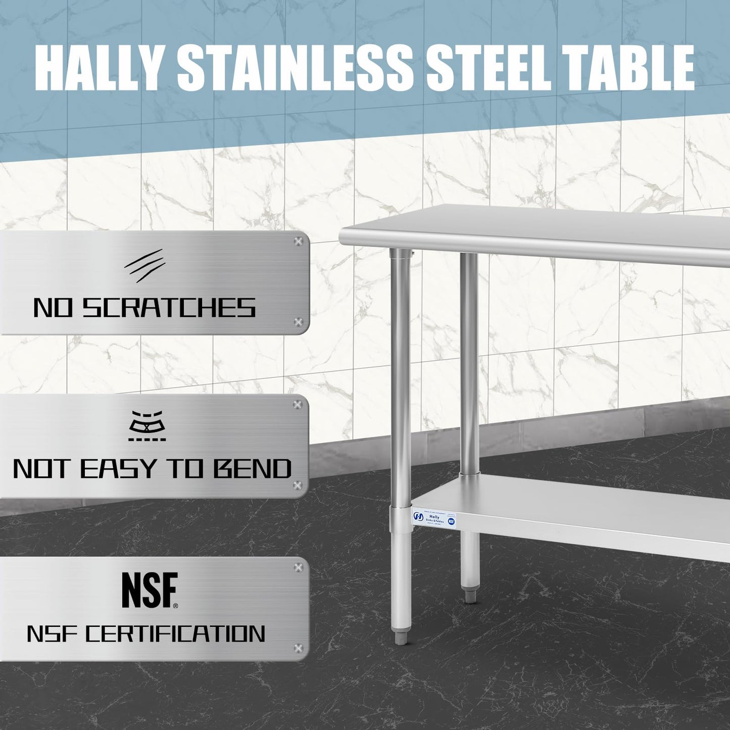 Hally Stainless Steel Table for Prep & Work 18 x 48 Inches, NSF Commercial Heavy Duty Table with Undershelf and Galvanized Legs for Restaurant, Home and Hotel - WoodArtSupply