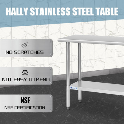 Hally Stainless Steel Table for Prep & Work 18 x 48 Inches, NSF Commercial Heavy Duty Table with Undershelf and Galvanized Legs for Restaurant, Home and Hotel - WoodArtSupply