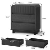Fluted Nightstands Set of 2 with Charging Station, Black Night Stand with 3 Drawers Dresser, Bedside Table Curved Anti-Collision Design, Modern End Table for Bedroom AOGLLATI