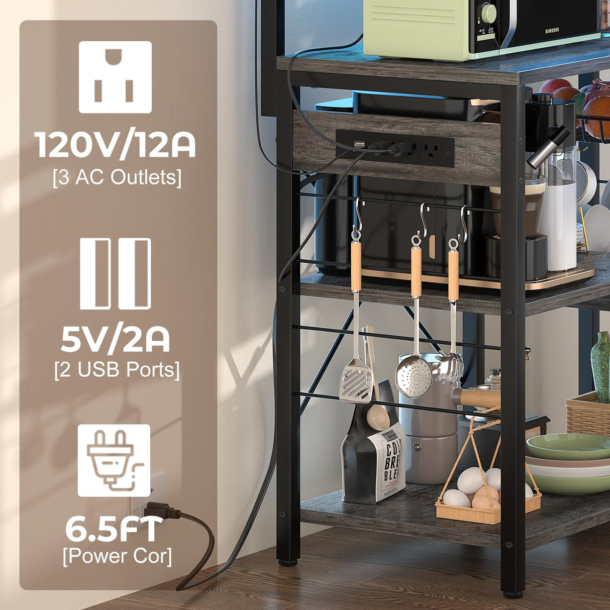 Aheaplus Bakers Rack with Power Outlet and LED Light Strings, Microwave Oven Stand Kitchen Storage Shelf with Wire Basket, Coffee Bar Station Island Table with 10 Hooks for Spices, Pots, Black Oak Aheaplus