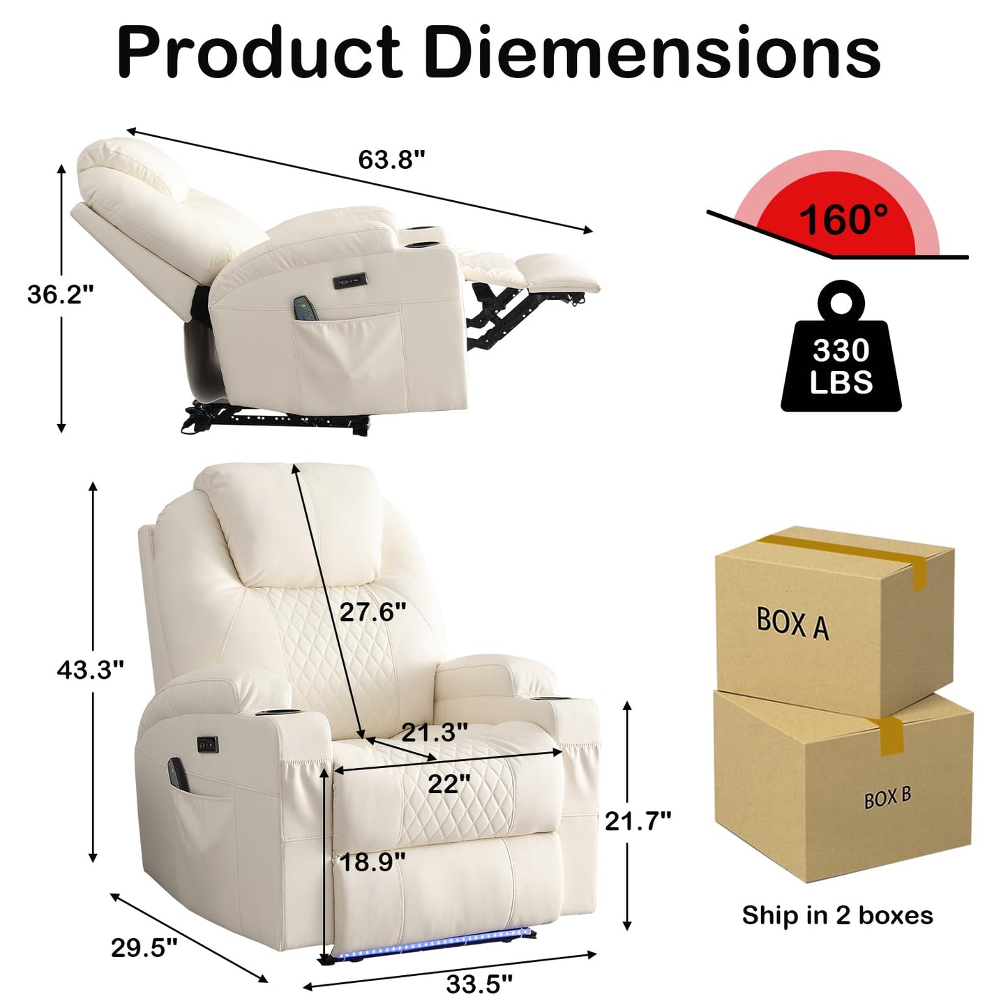 Power Recliner Chair with Heat and Massage for Adults - Home Theater Seating with LED Lights,Cup Holders,Side Pocket,USB Port - Recliner Sofa for Living Room (Beige, Single Recliner)