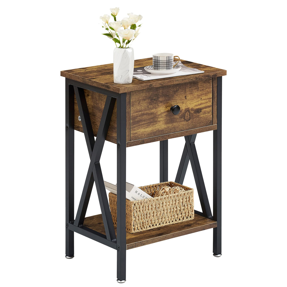 VECELO Nightstand,Modern Bedside End Table, Night Stand with Drawer and Storage Shelf for Living Room Bedroom, Industrial Metal Frame VECELO