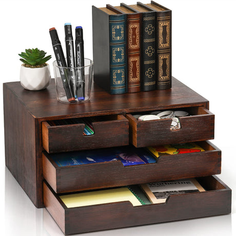 DEAYOU Bamboo Desk Organizer, Bamboo Storage Cabinet Box with 4 Drawer for Letter, Home, 3 Layer, Walnut Color DEAYOU