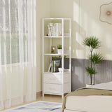 Furnulem 4-Tier Corner Shelf, Bookshelf with 2 Storage Drawers, 57.28”Tall Narrow Bookcase, Standing Shelf Organizer Unit for Living Room, Bedroom, Metal Frame, Wood Display Shelf Furnulem