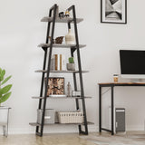 IDEALHOUSE 72" Book Shelf with Metal Frame, A-Shape Ladder Shelf with 5-Tier Wood Adjustable Shelves, Industrial Bookcase with Function Bezel for Home Living Room Bedroom Office Storage, Grey IDEALHOUSE