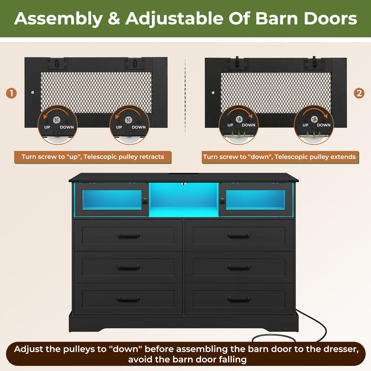 Hasuit 6 Drawers Dresser with LED Lights and Charging Station, Farmhouse Chest of Drawers Closet Organizer, Clothes Storage Cabinet Double Dressers for Bedroom, Living Room, Hallway, Black Hasuit