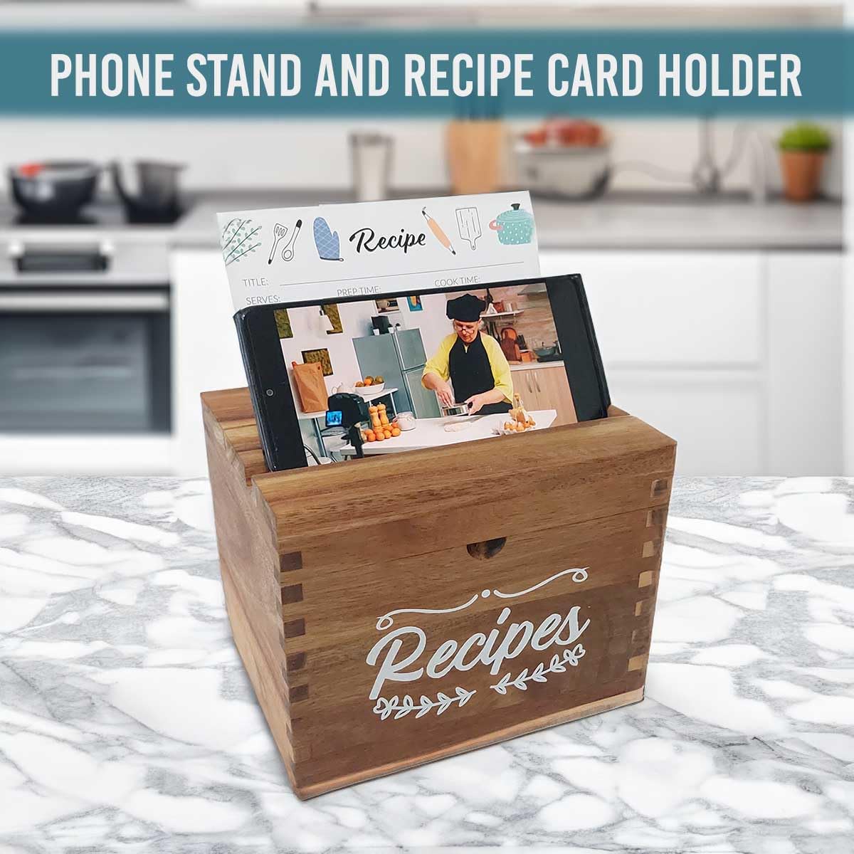 Wooden Recipe Box With Cards And Dividers - Store and Organize your Recipe Cards and Box Set, Recipe card box, Recipe Box 5x7, Recipe Organizer, Recipe Card Holder and Phone Holder (Brown) JY HOME GOODS