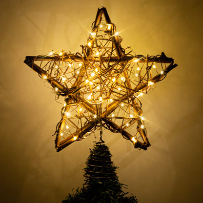 Rattan Natural Star Christmas Tree Topper - Rustic Farmhouse Xmas Treetop with 50 Warm LED Lights for Indoor Christmas Tree Decorations Holiday Seasonal Decor