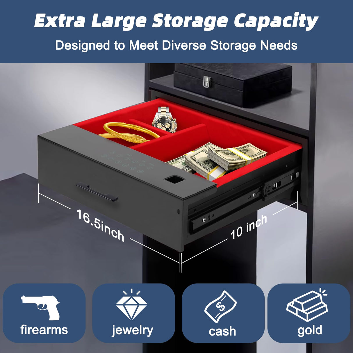 Biometric Hidden Gun Safe, Drawer Safe with Silent Slide, Reinforced Steel Construction, Ideal for Nightstand, Closet Drawer, TV Cabinet Gopper