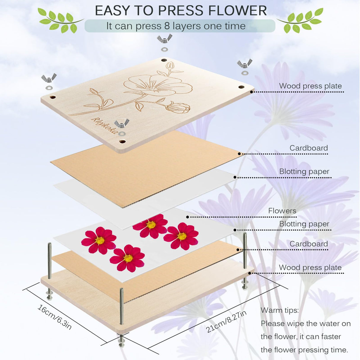 Rhykoka Professional Flower Press, 8 Layers 6.3x8.3 inch (16x21cm) Wooden Flower Press Kit/Flower Pressing for Kids Adults, Great Gift for DIY Flowers Lovers (Wooden) Rhykoka