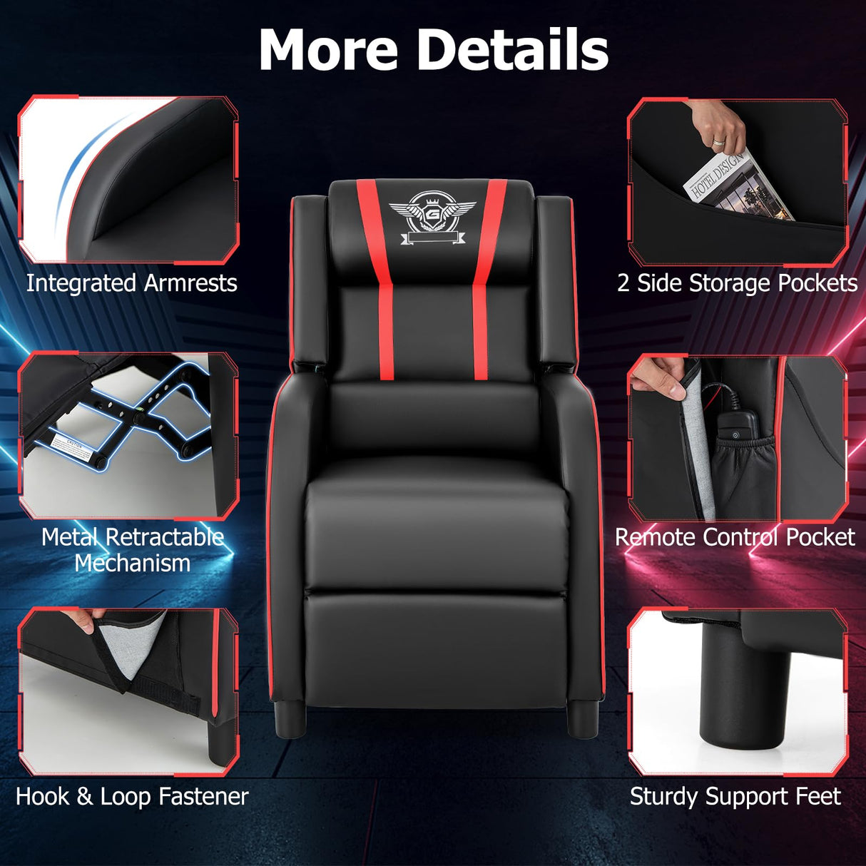 Giantex Gaming Massage Recliner Chair - Racing Style Gaming Sofa Chair with Reclining Backrest, Massage Lumbar Pillow, Retractable Footrest, Home Theater Seating with Bluetooth Speaker (Red) Giantex