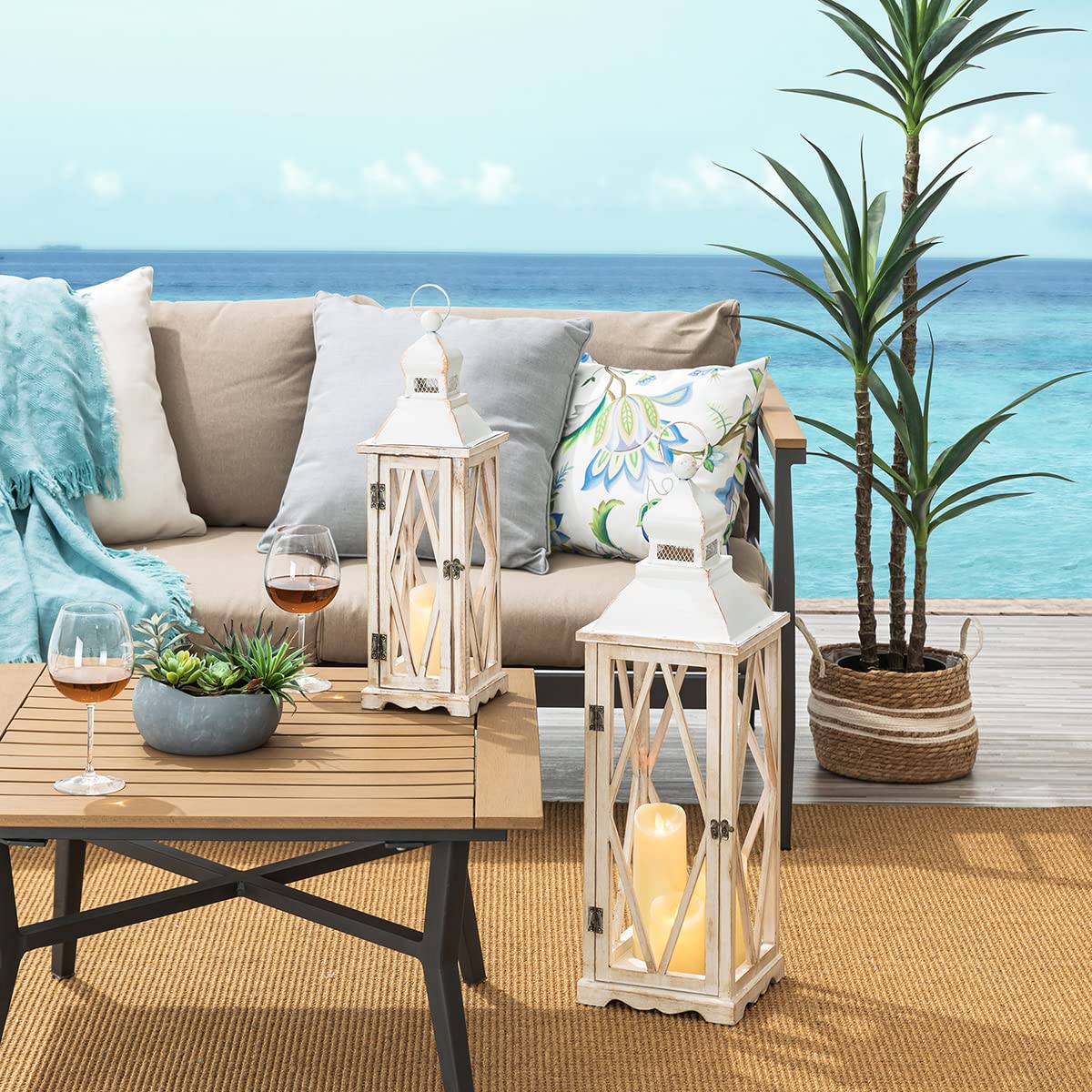 Glitzhome Large Farmhouse Wooden Metal Lantern Set of 2, 28.74" H/20.47" H Rustic Decorative Floor Candle Lanterns, Distressed Hanging Lanterns for Home Décor White (No Glass) Glitzhome