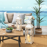 Glitzhome Large Farmhouse Wooden Metal Lantern Set of 2, 28.74" H/20.47" H Rustic Decorative Floor Candle Lanterns, Distressed Hanging Lanterns for Home Décor White (No Glass) Glitzhome