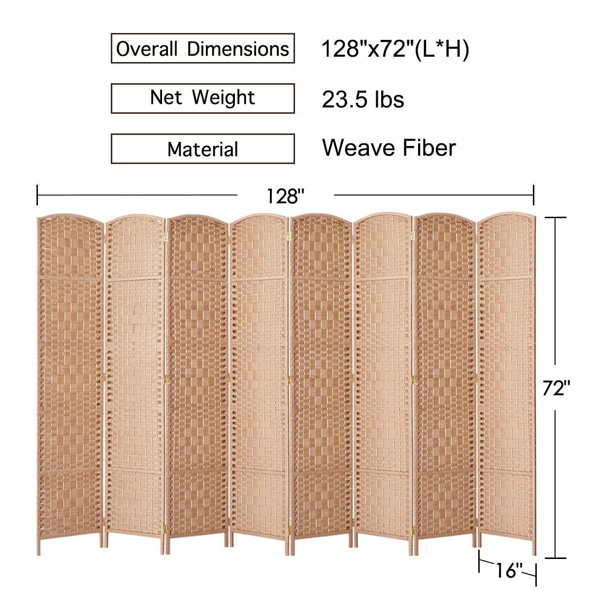 RHF 6 Ft. Tall Extra Wide-Diamond Weave Fiber Room Divider, 8 Panel Room Divider/Screen,Room Dividers and Folding Privacy Screens 8 Panel&Room Dividers and Folding Privacy Screens-Natural, 8 Panel Rose Home Fashion