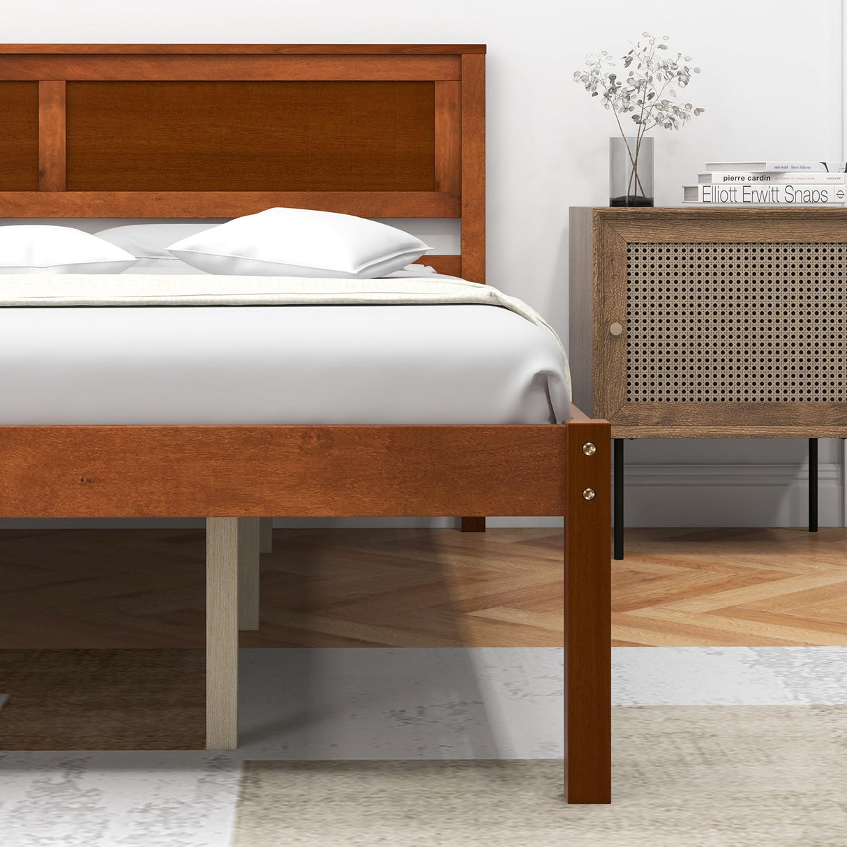 Giantex Wood Queen Platform Bed with Headboard, Mid Century Solid Wood Bed Frame with Wood Slat Support, Wooden Mattress Foundation with 12" Under Giantex