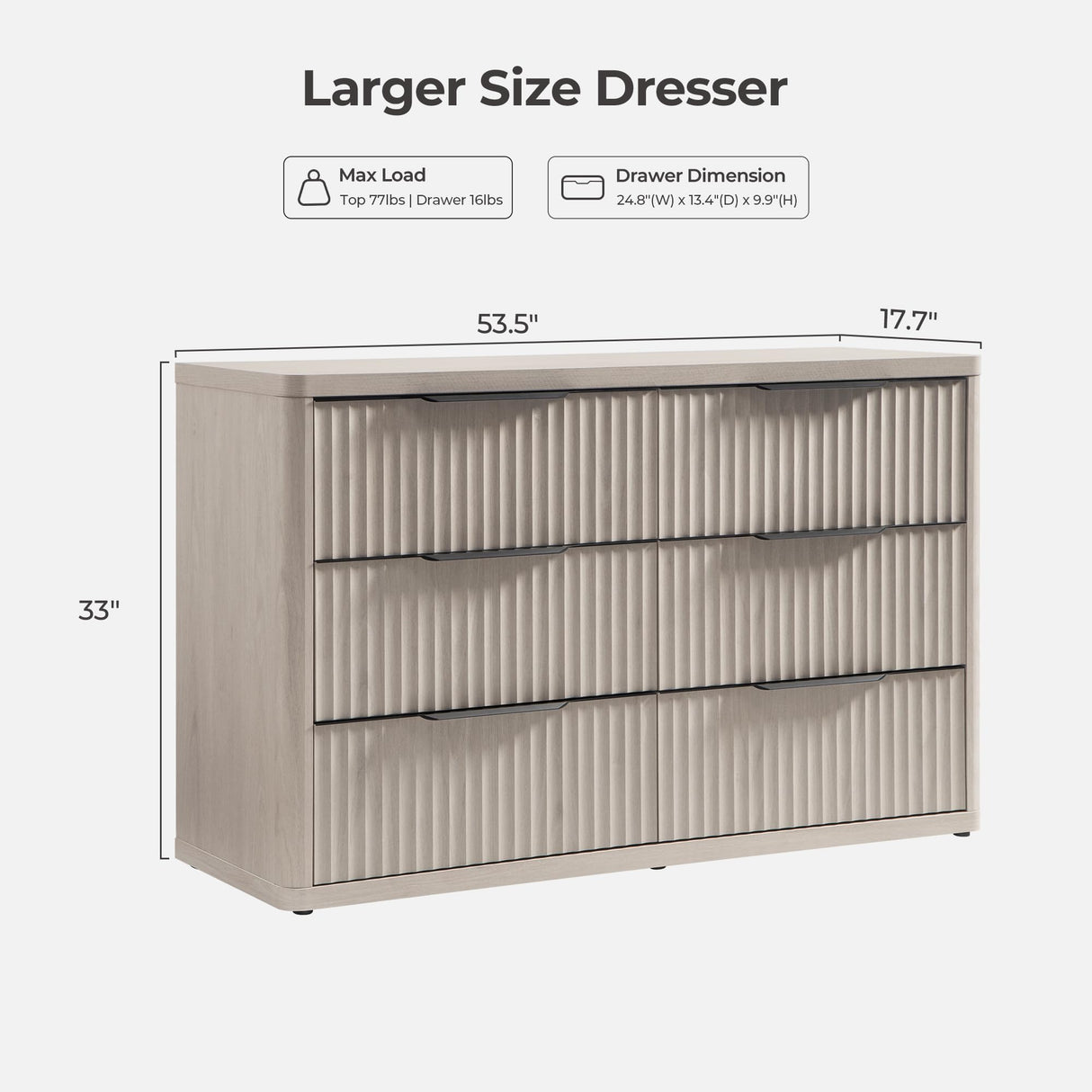 SICOTAS Dresser for Bedroom 53.5" Wide 6 Drawer Dressers & Chests of Drawers for Closet Long Large Modern TV Stand Set for Clothes Storage Fluted Clothes Closet for Hallway Entryway, White Alder SICOTAS