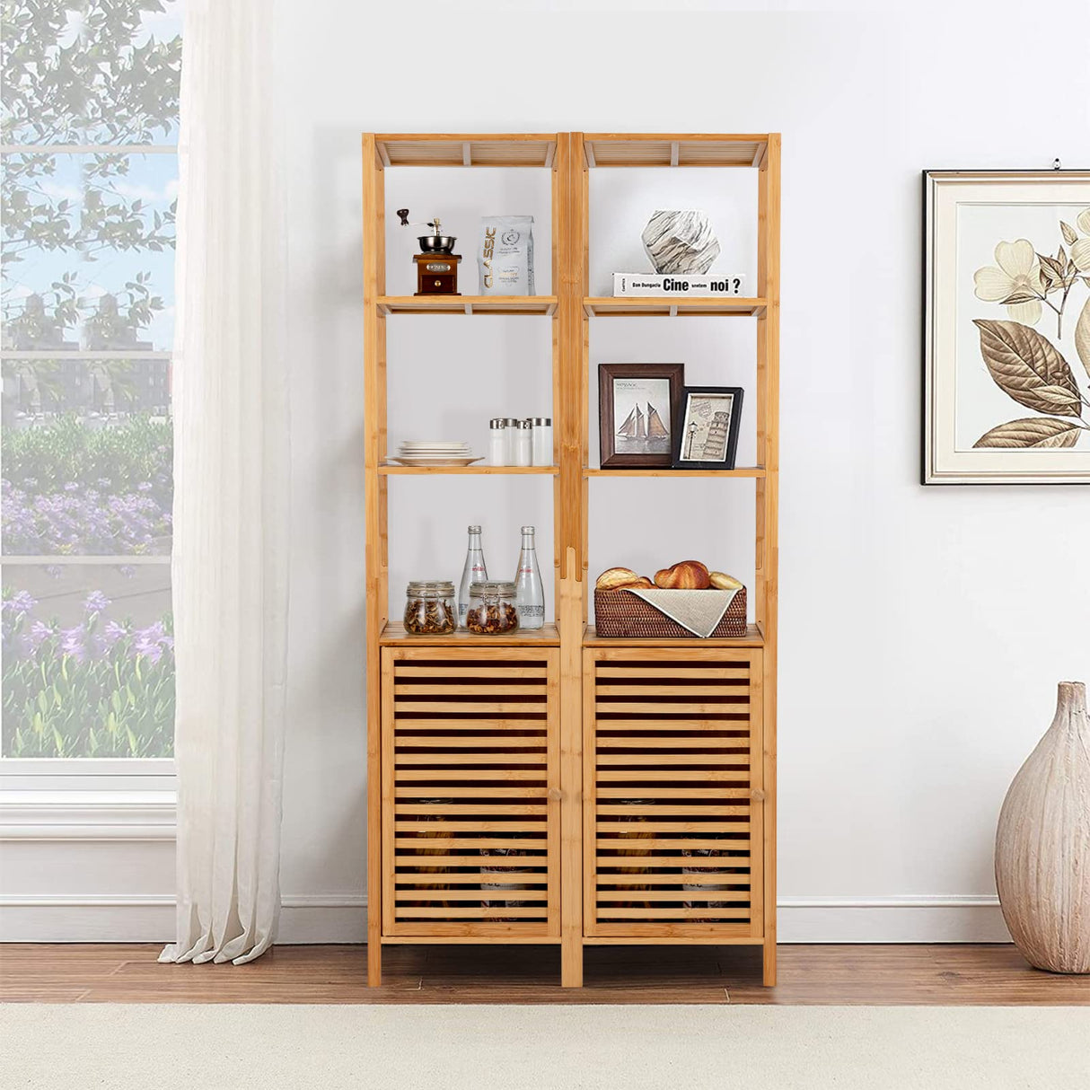 Giantex 4-Tier Bamboo Storage Cabinet with Shutter Door - Compact Freestanding Corner Rack in Natural Finish Giantex