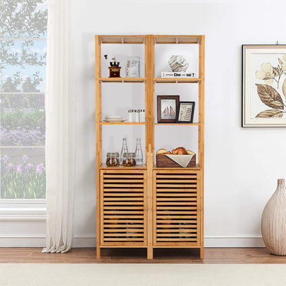 Giantex Bamboo Storage Cabinet, 4-Tier Slim Shelving Unit with Shutter Door & Anti-Toppling Device, Freestanding Tower Corner Rack Floor Cabinet for Bathroom, Living Room, Kitchen, Natural