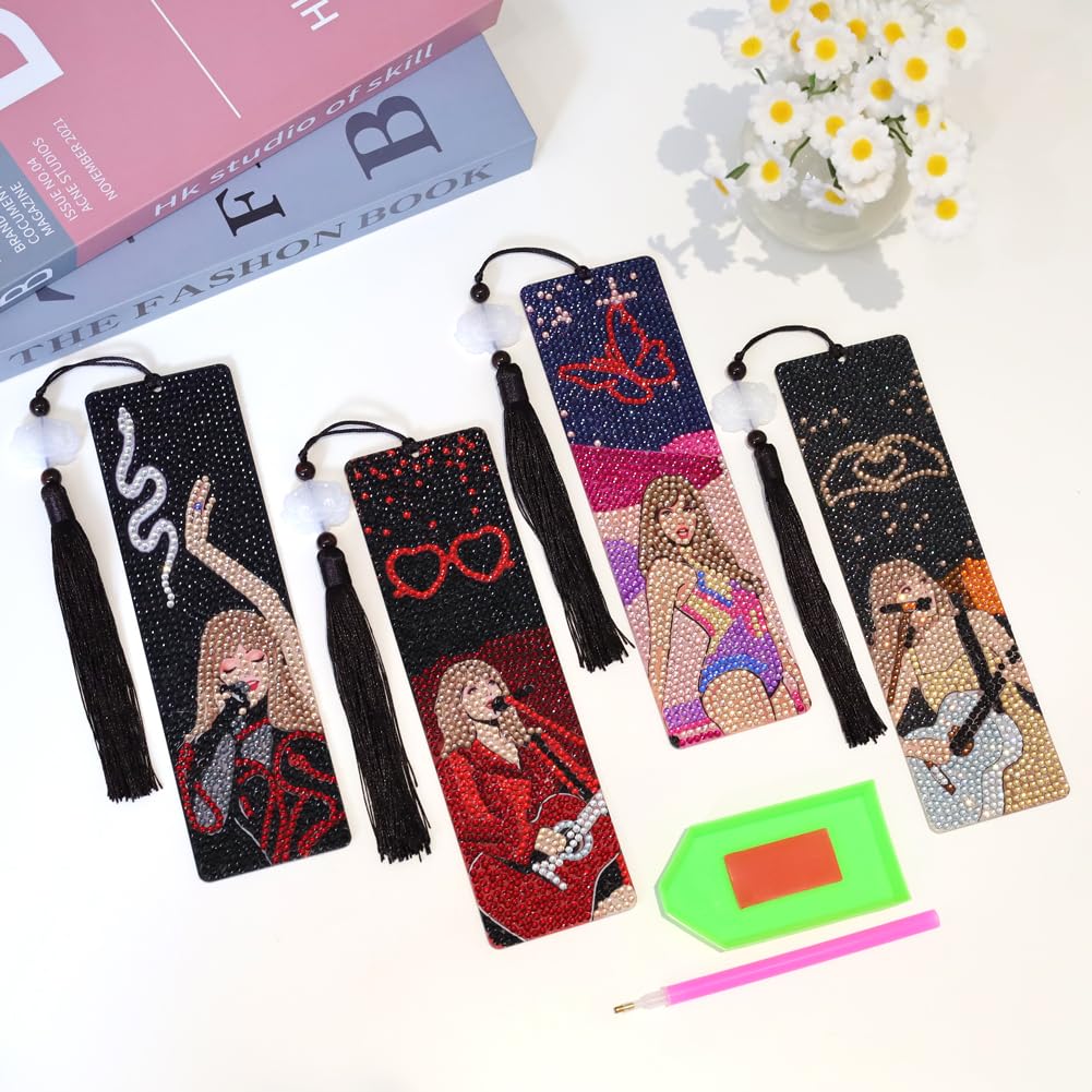 Nikolle Diamond Art Bookmarks, 4 Pcs Acrylic Bookmarks for Book Lovers, DlY Cartoon Diamond Painting Bookmark Kits for Adults, Taylor Gifts for Women Nikolle