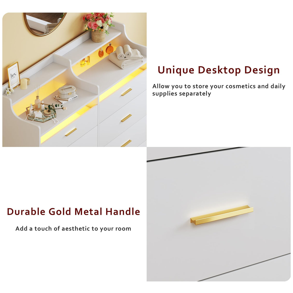 HUAHUU 6 Drawer Dresser for Bedroom, 49''W White Dresser with LED Light, Chest of Drawers with Open Shelf Storage, Double Wide Modern Dresser Organizer for Room, Entryway, Hallway HUAHUU