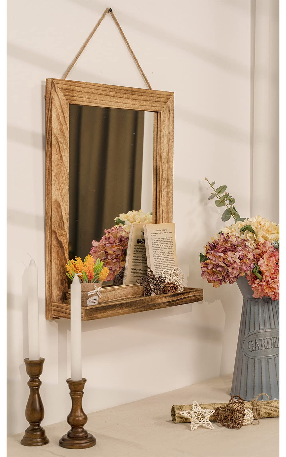 Emfogo Wall Mirror with Shelf, 20 x 16 inch Farmhouse Decor Wall Mirror Hanging for Bathroom, Vanity, Bedroom, Entryway, Living Room (Rustic Brown) - WoodArtSupply