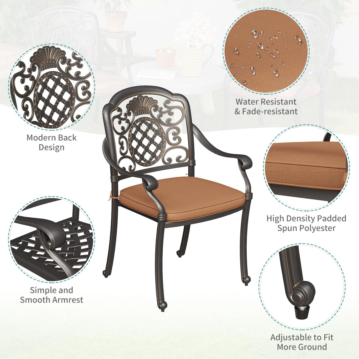 Garvee 6 Piece Patio Dining Chairs with Cushions, Outdoor All-Weather Cast Aluminum Chairs, Patio Bistro Dining Chair Set of 6 for Garden Deck Backyard, Dark Bronze Garvee