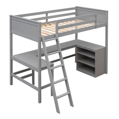 LostCat Twin Size Loft Bed with L-Shaped Desk and Storage Shelves for Kids and Teens - Grey - WoodArtSupply