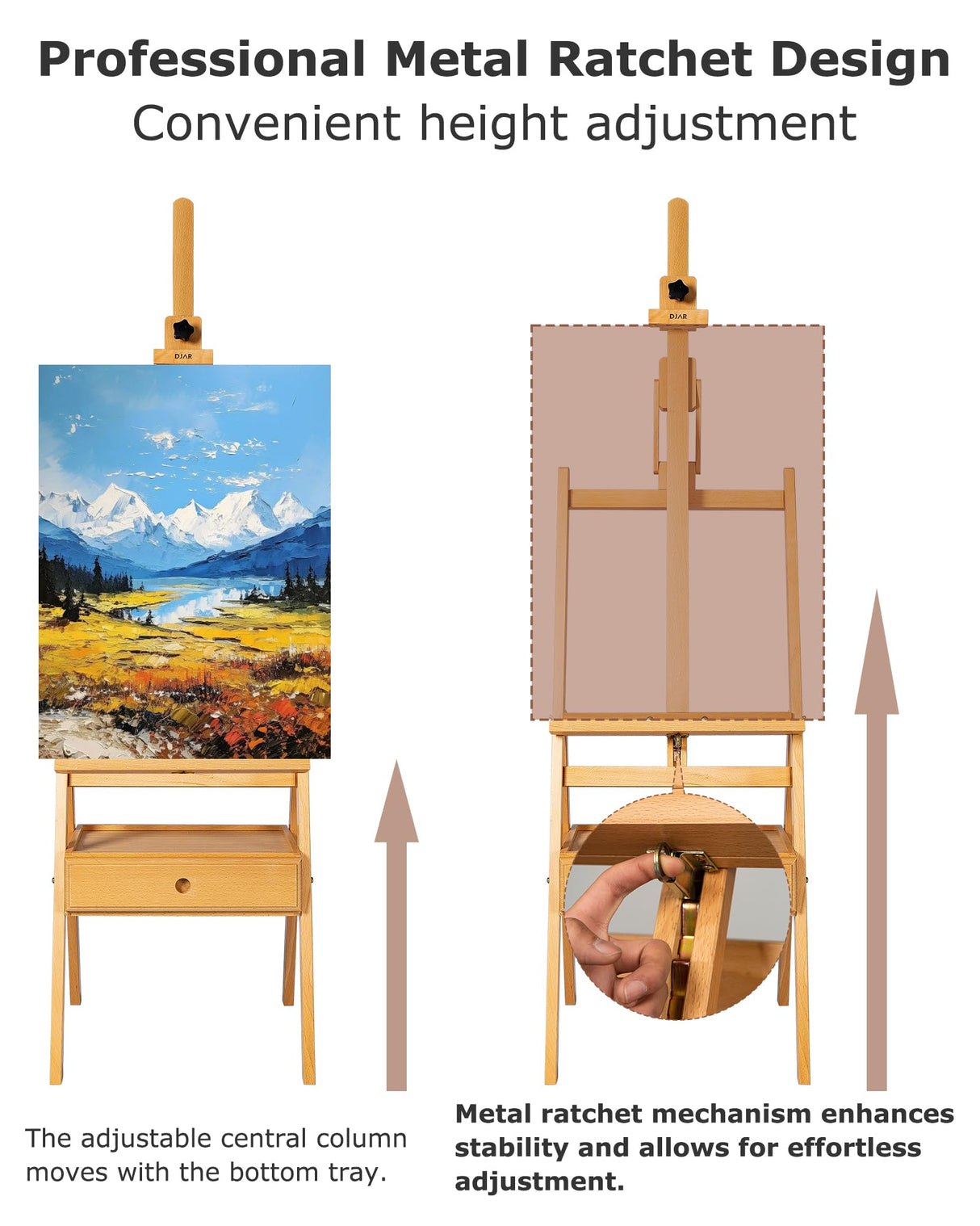 DJAR Large Art H-Frame Easel with Storage Drawer and Shelf, Middle Mast Adjustable to 75", Solid Beech Wood Painting Wooden Easel for Adults, Students, Hold Canvas up to 36", Natural DJAR
