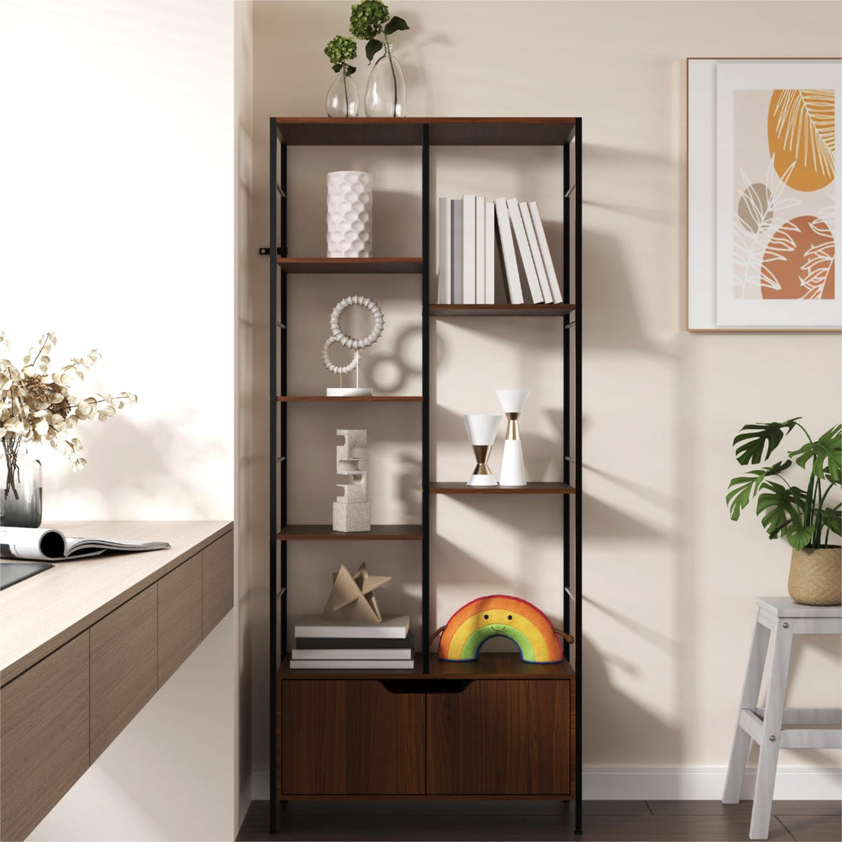 Housoul Bookshelf with Doors, 6-Tier Shelf with Storage Cabinet, 67" Tall Open Bookcase for Display, Industrial Retro Bookcase, Freestanding Storage Organizer Bookshelf for Living Room, Brown Housoul