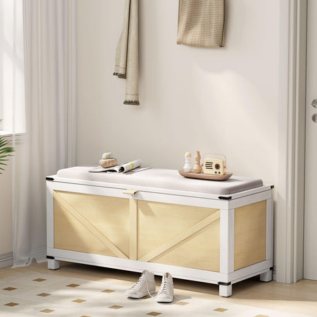 VOPEAK Farmhouse Storage Bench, Storage Ottoman with Detachable Cushion, Entryway Shoe Storage Bench, 40" End of Bed Bench, Upholstered Bench Seat Shoe Organizer for Living Room, Bedroom VOPEAK