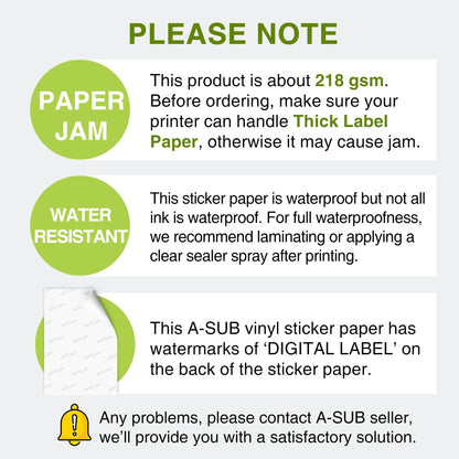 A-SUB 25 Sheets Vinyl Sticker Paper for Inkjet Printer - Glossy Printable Vinyl 8.5x11 Inch Waterproof Sticker Paper for DIY Any Decal You Like