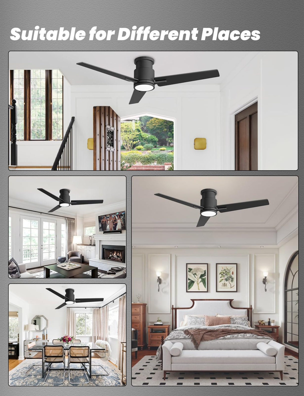 CJOY 52'' Flush Mount Ceiling Fan with Lights, Low Profile Ceiling Fans with Lights and Remote, 6 Speeds Quiet Reversible DC, 3CCT Dimmable, Outdoor Ceiling Fans for Patios Bedroom Living Room CJOY