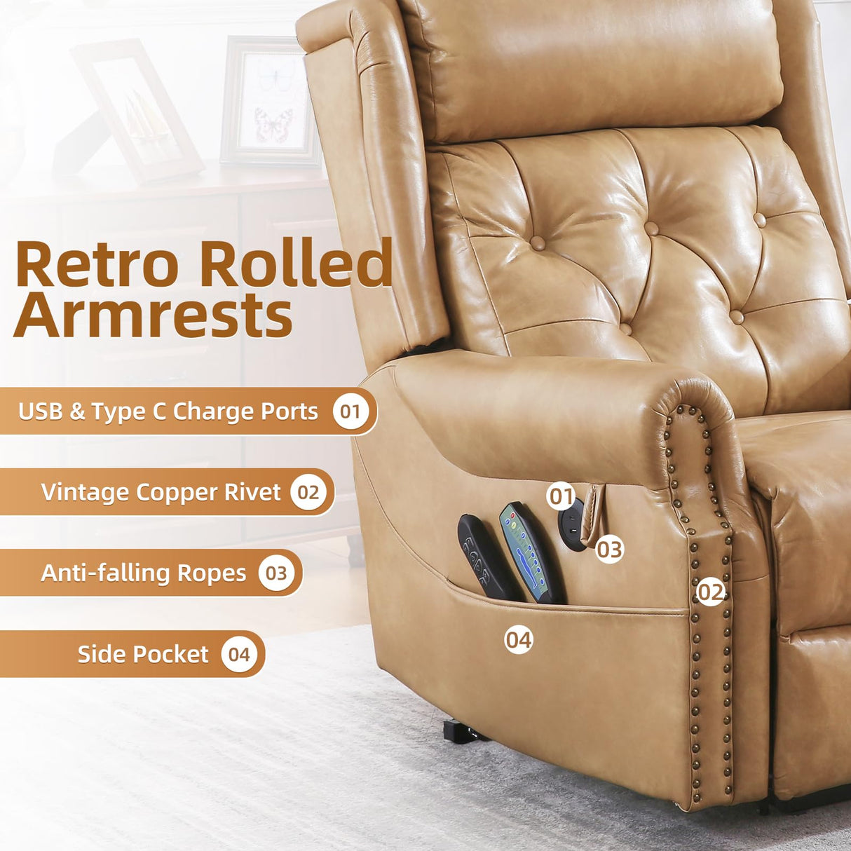 RUTOX Large Power Lift Recliner Chair for Elderly, Oversized Lay Flat Lift Chair with Adjustable Headrest, Leather Recliner Chairs with Massage and Heat, Infinite Position,Extended Footrest,Beige RUTOX