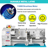 Mini Lathe Machine, 8.7"x 29.5" Mini Metal Lathe with 1100W Brushless Motor, 0-3000 RPM Variable Speed Benchtop Lathe, Mini Torno Para Metal with LED Screen, 3-Jaw Chuck SHENGJINSH