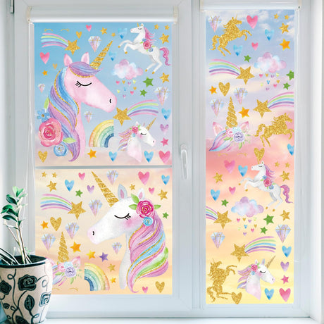 JarThenaAMCS Pink Watercolor Glitter Window Clings Double-Sided Cartoon Animal Rainbow Star Heart Diamond Window Decals Decor for Classroom Nursery Home, 15.7 x 11.8, 4 Sheet JarThenaAMCS