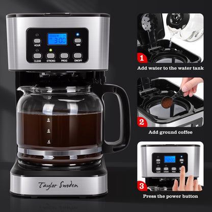 Taylor Swoden 12-Cup Programmable Coffee Maker, Regular & Strong Brew Drip Coffee Machine for Home and Office, Glass Carafe, Pause & Serve, Auto Shut Off, Black & Stainless Steel