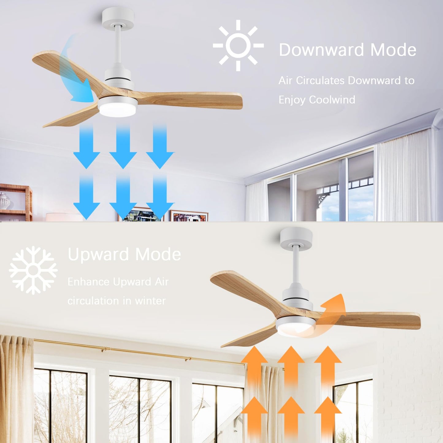 48" wooden ceiling fan with lighted remote control, indoor outdoor wooden ceiling fan, outdoor modern ceiling fan with 3 fan blades for patio, living room, farmhouse, etc (white + wood color)…